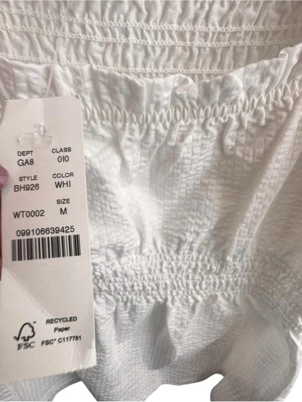 NWT J. Crew Seersucker Smocked White Top Size M